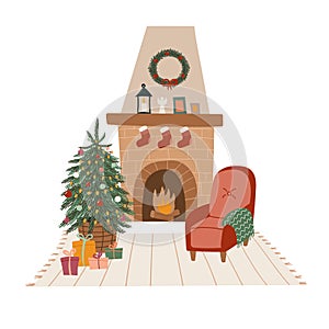 Cozy interior with Christmas tree and fireplace vector hand drawn illustration