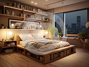 Cozy interior design of modern bedroom with wooden bed and shelves