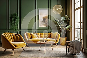 Cozy interior design of modern living room with yellow sofa and armchair. Created with generative AI