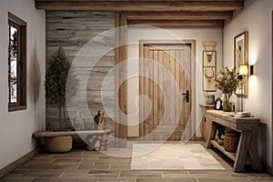 Cozy interior design of modern rustic entrance hall with door in farmhouse. Hallway with timber beam ceiling