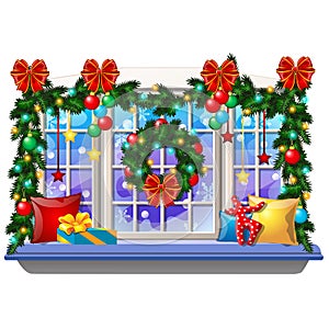 Cozy interior home window with decoraions and baubles isolated on white background. Sample of Christmas poster, party photo