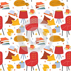 Cozy interior hygge seamless pattern vector illustration