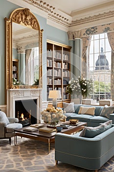 cozy interior of the living room with flowers, bookshelves, sofa and panoramic windows to the garden