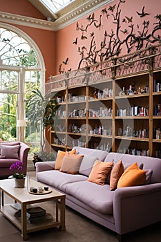 cozy interior of the living room with flowers, bookshelves, sofa and panoramic windows to the garden