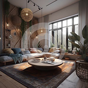 Cozy interior of living room in a house in boho style