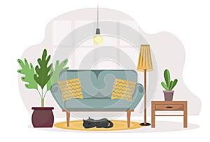 Cozy interior of the living room with sofa, pillows, house plant and window