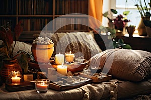 Cozy Interior for Meditation Practice with Mantras and Relaxation Equipment