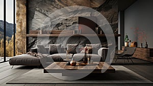 Cozy interior in modern luxury cottage. Stone wall, large corner sofa, rough wooden coffee table, bookshelf, poster, rug