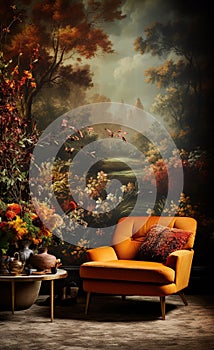 A cozy interior with a place to rest. Autumn arrangement. Ai generative