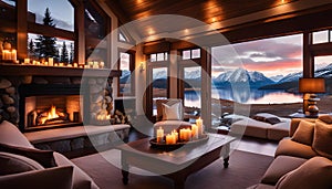 cozy interior of the room with a fireplace and sofa, a large window overlooking the snow-capped mountains and lake