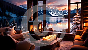 cozy interior of the room with a fireplace and sofa, a large window overlooking the snow-capped mountains and lake