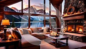 cozy interior of the room with a fireplace and sofa, a large window overlooking the snow-capped mountains and lake