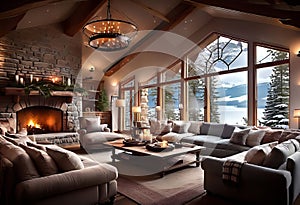 cozy interior of the room with a fireplace and sofa, a large window overlooking the snow-capped mountains and lake