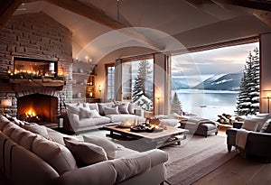 cozy interior of the room with a fireplace and sofa, a large window overlooking the snow-capped mountains and lake