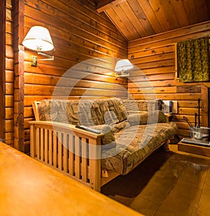 Cozy interior of a rustic log cabin