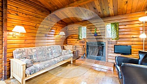 Cozy interior of a rustic log cabin