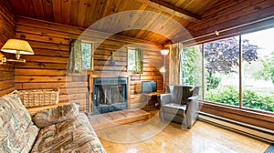 Cozy interior of a rustic log cabin