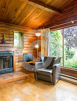 Cozy interior of a rustic log cabin