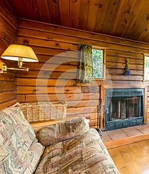 Cozy interior of a rustic log cabin