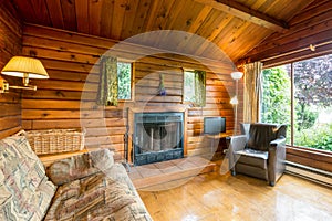 Cozy interior of a rustic log cabin