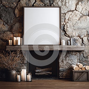 Rustic Fireplace with Blank Frame Mockup