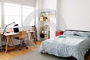 Cozy interior teenager room with bed and desk workplace