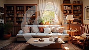 A cozy and inviting family room with book shelf on both sides of a window