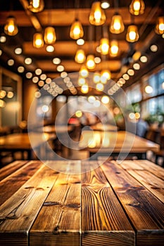 Image of wooden table in front of abstract blurred restaurant lights background photo