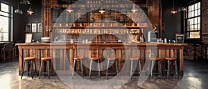 A cozy and inviting interior of a rustic-style bar, featuring a long wooden bar counter, vintage-inspired lighting