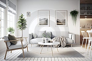 Minimal Clean Scandinavian Style Living Room Interior Design - Generative AI