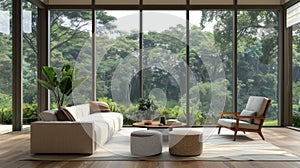 A cozy and inviting living room with large smart glass windows that offer unobstructed views of the beautiful greenery photo
