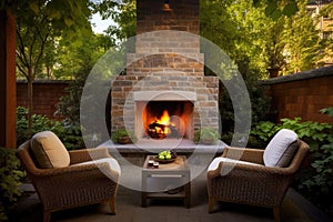 a cozy and inviting patio, with a fireplace and seating for two