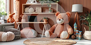 This is a cozy and inviting playroom for children. The room is decorated in warm, neutral colors, and there are a variety of toys photo