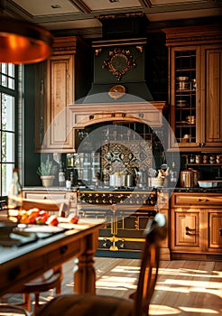 Cozy and inviting traditional kitchen with warm wood tones and classic styling soft lighting
