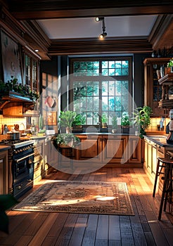 Cozy and inviting traditional kitchen with warm wood tones and classic styling soft lighting