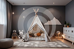 Cozy kids room interior with grey plush carpet, toys and small tent. Generative AI