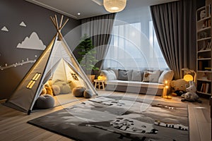 Cozy kids room interior with grey plush carpet, toys and small tent. Generative AI