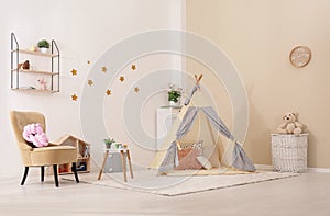 Cozy kids room interior with play tent