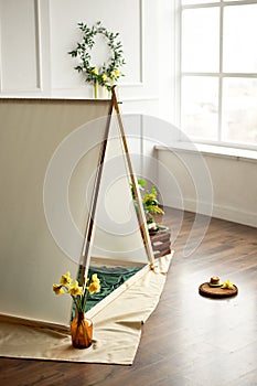 Cozy kids room interior with play tent and toys.