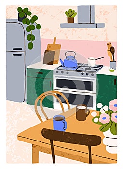 Cozy kitchen card. Cosy hygge home interior. Comfortable furniture, dining table with tea cup, flowers in vase, plants