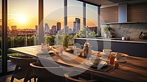 Cozy kitchen with a dining table, against the background of a panoramic window with a view of a meg