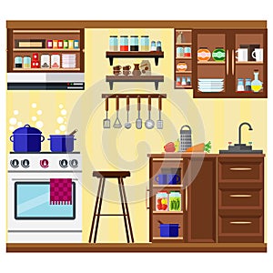 Cozy kitchen with furniture  food  dishes and equipment. Vector illustration on the theme of home interior and cooking