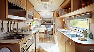 cozy kitchen interior in the trailer of mobile home or recreational vehicle. Generative Ai
