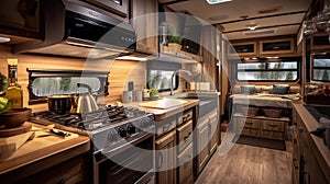 cozy kitchen interior in the trailer of mobile home or recreational vehicle. Generative Ai