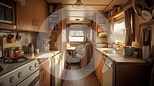 cozy kitchen interior in the trailer of mobile home or recreational vehicle. Generative Ai