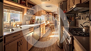 cozy kitchen interior in the trailer of mobile home or recreational vehicle. Generative Ai