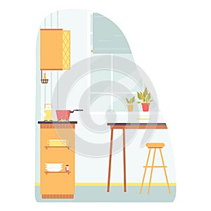 Cozy kitchen interior. Trending furniture. Vector illustration in flat style