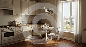 Cozy Kitchen Interior with Warm Lighting and Round Table