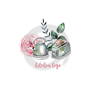 Cozy kitchen logo on white isolated background. Beautiful watercolor illustration