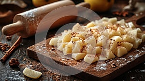 Wooden cutting board with pear chunks cinnamon and a rolling pin for baking a dessert pie photo